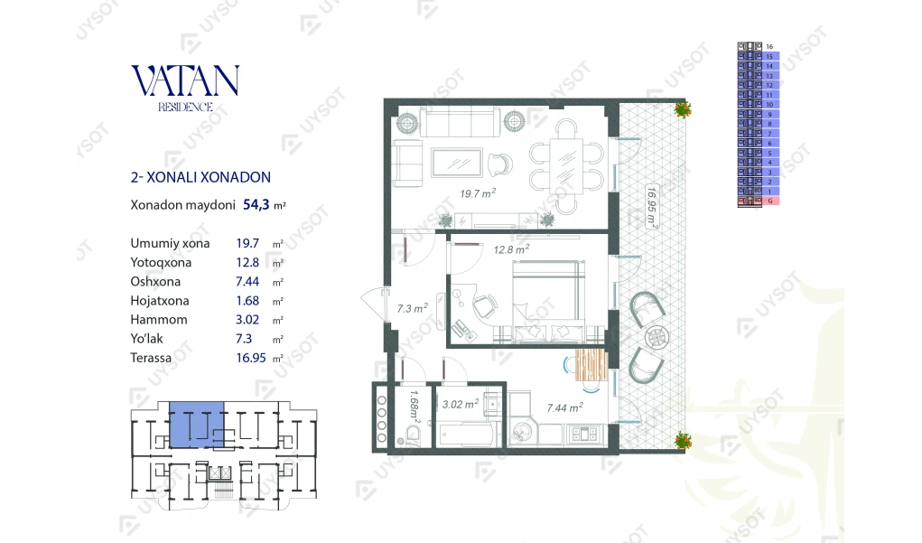 2-xonali xonadon 54.3 m²  15/15 qavat