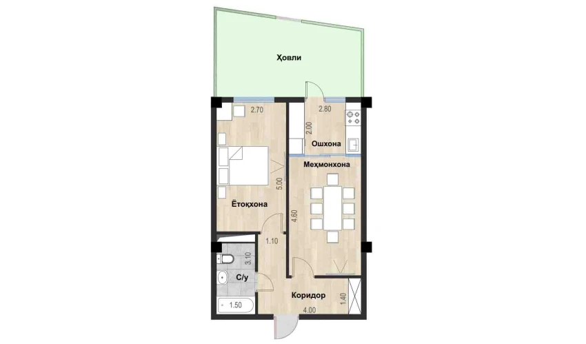 2-комнатная квартира 44.25 м²  1/7 этаж | Жилой комплекс Bochka Resort