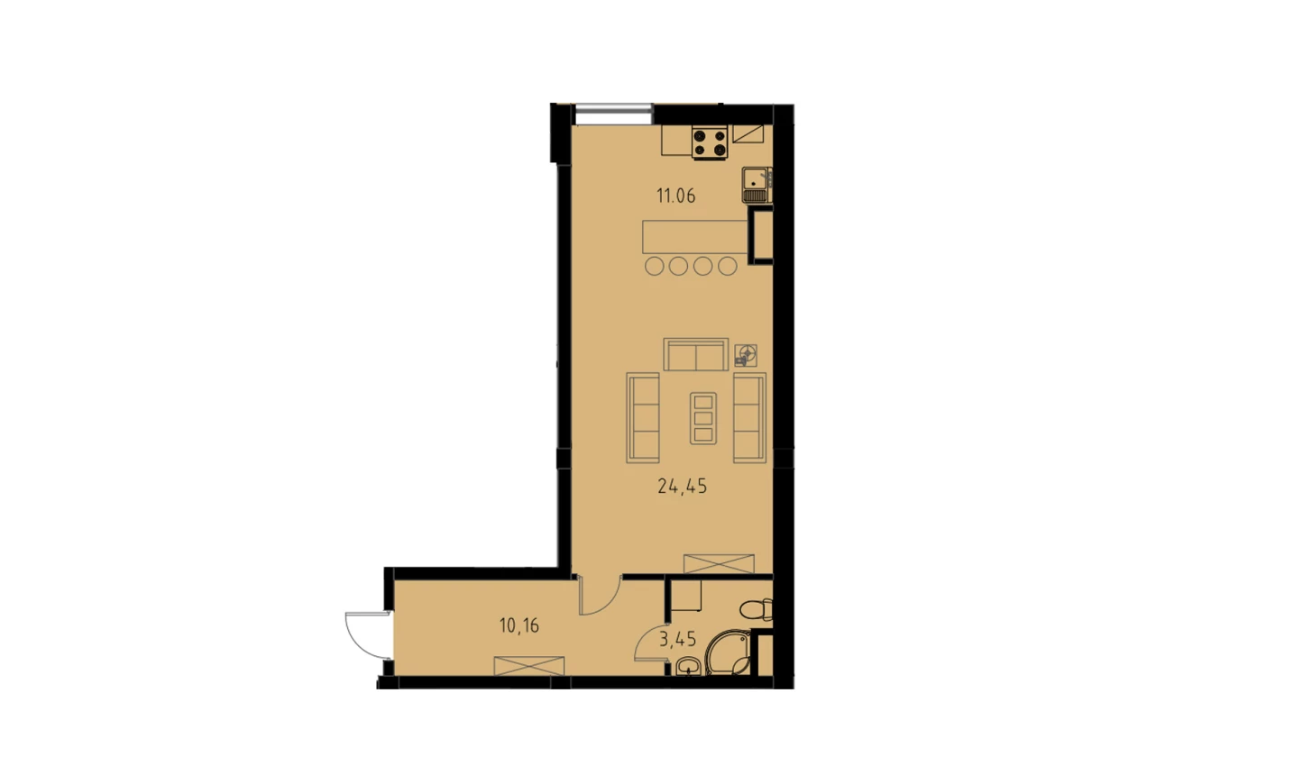 1-комнатная квартира 49.68 м²  2/2 этаж