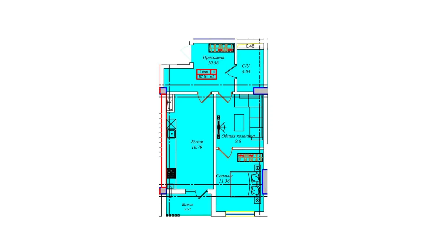 1-комнатная квартира 56.68 м²  3/3 этаж