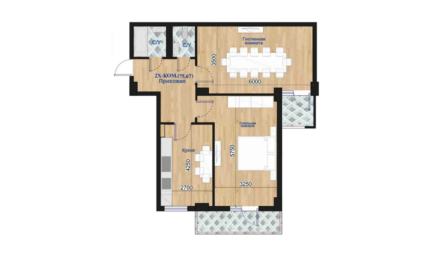 2-комнатная квартира 75.67 м²  3/3 этаж