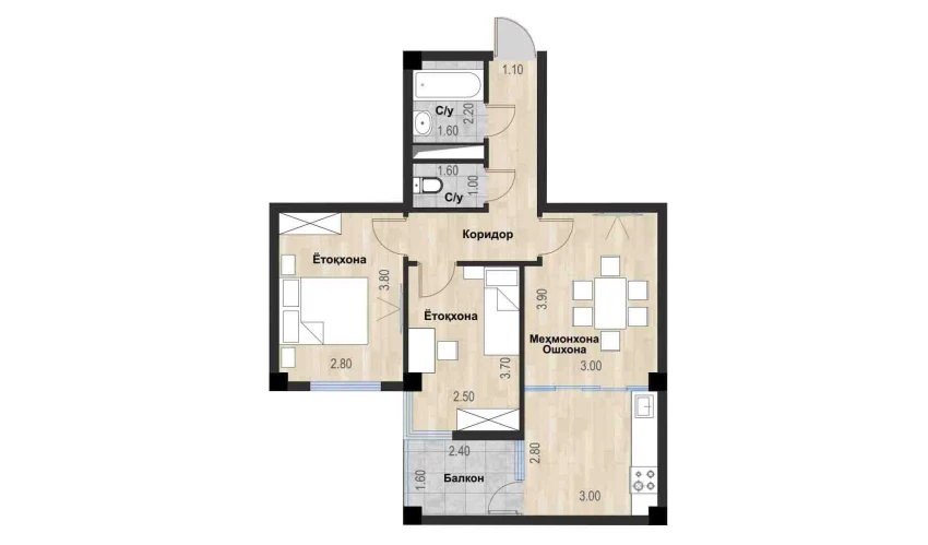 3-комнатная квартира 55.16 м²  2/7 этаж | Жилой комплекс Bochka Resort