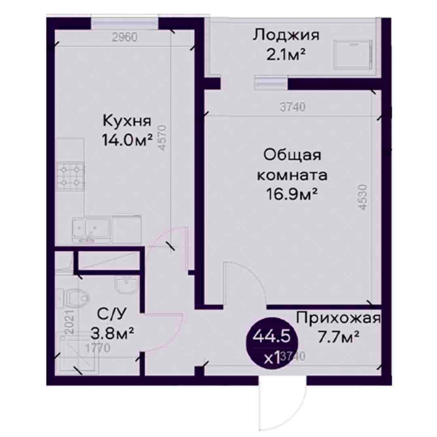 1-комнатная квартира 44.5 м²  8/8 этаж