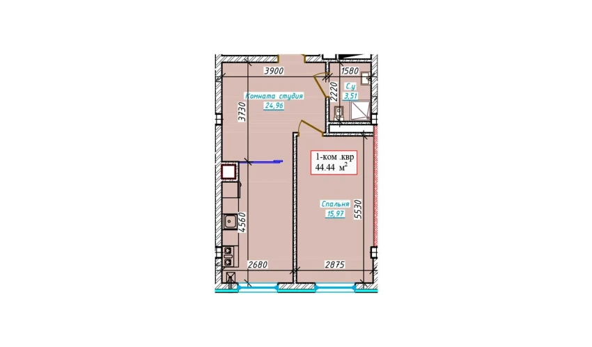 1-комнатная квартира 44.44 м²  5/9 этаж | Жилой комплекс Aero Town