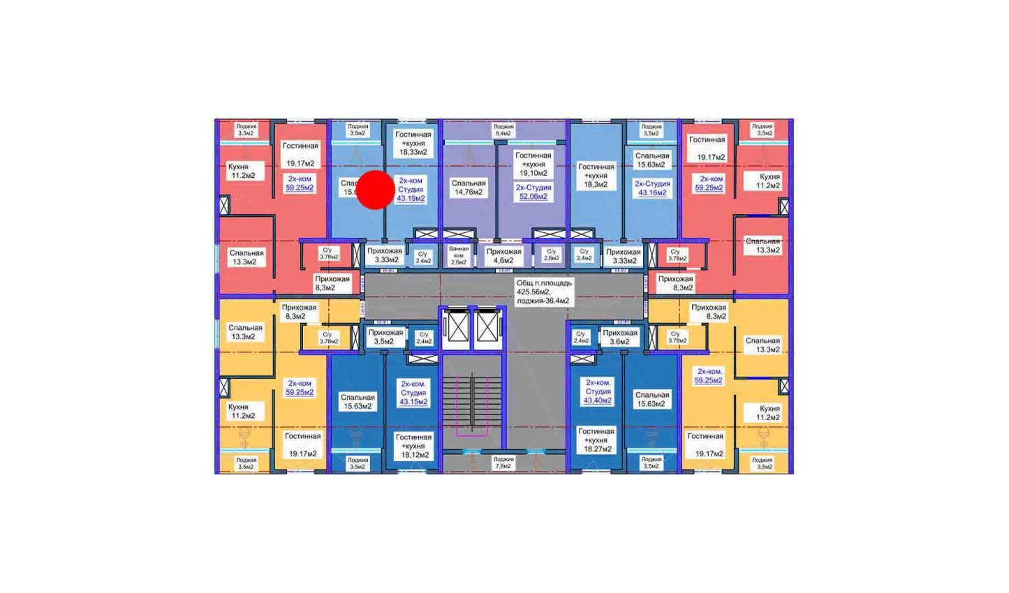 2-комнатная квартира 43.19 м²  3/3 этаж