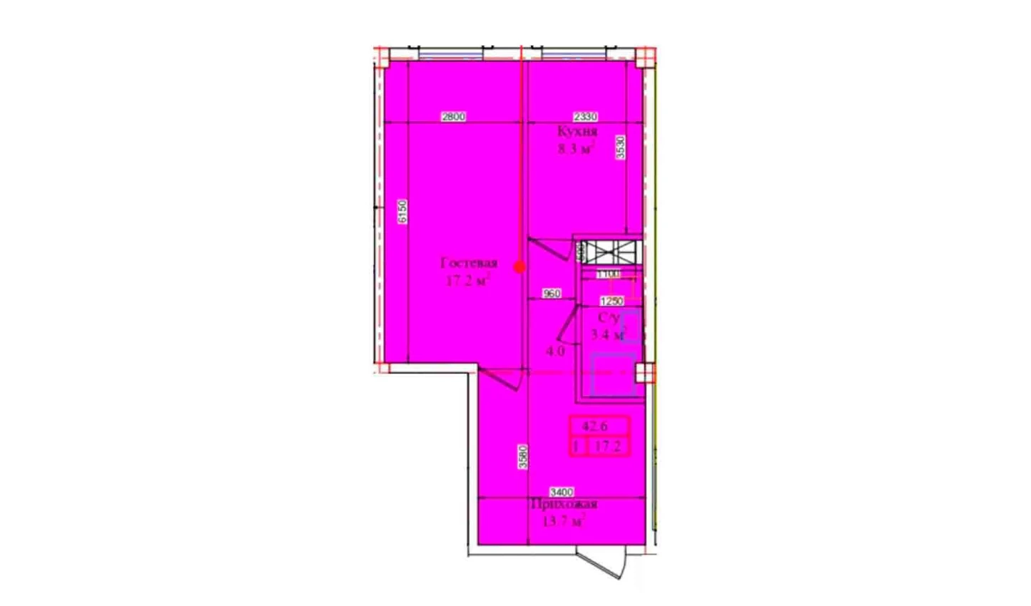 1-комнатная квартира 42.6 м²  1/1 этаж