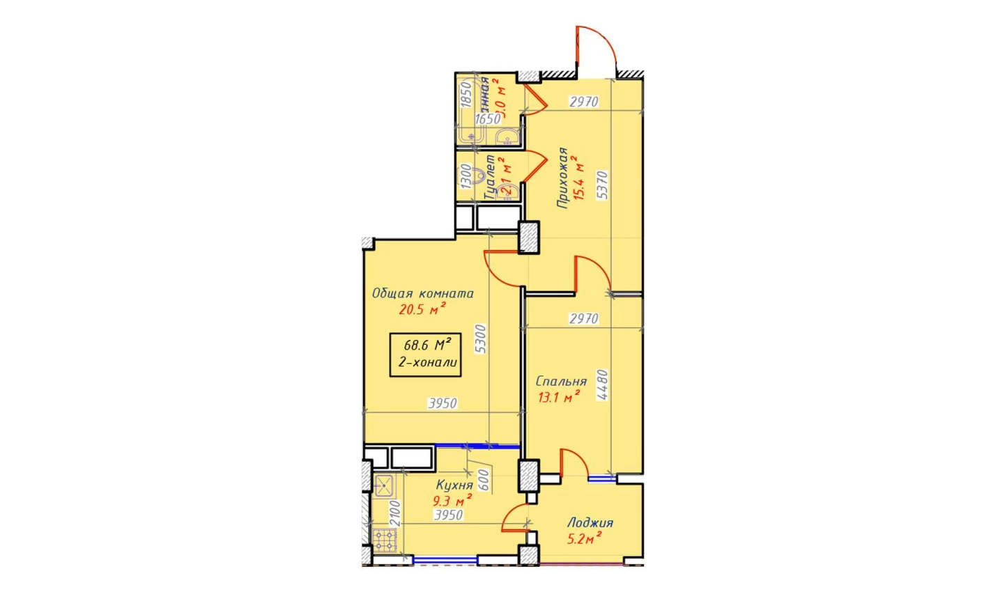 2-xonali xonadon 68.6 m²  9/9 qavat