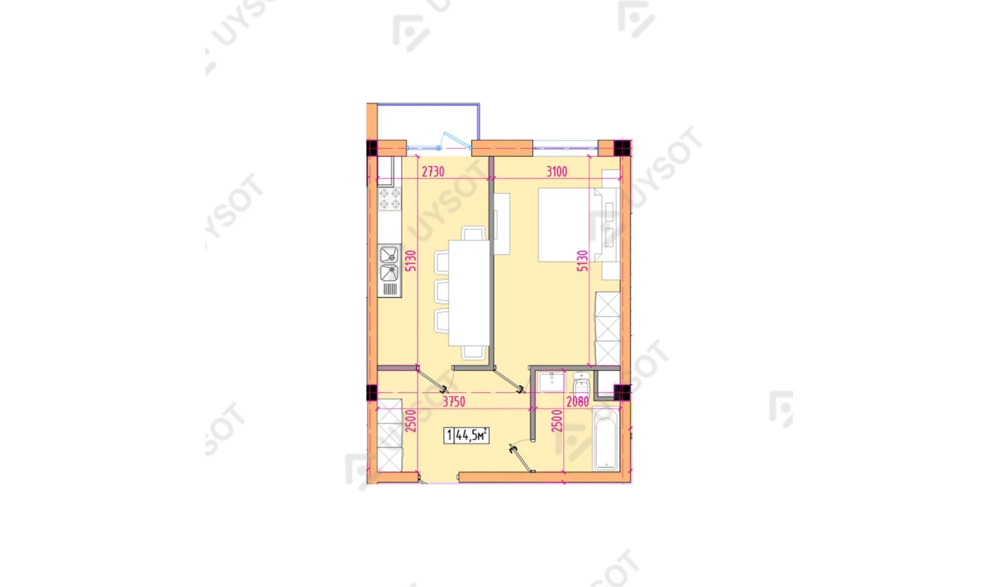 1-xonali xonadon 44.5 m²  12/12 qavat