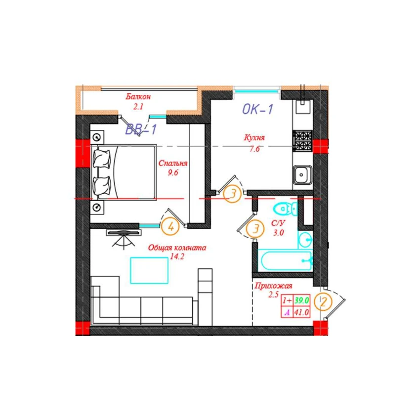 1-xonali xonadon 41 m²  3/12 qavat | CHINARA PARK Turar-joy majmuasi