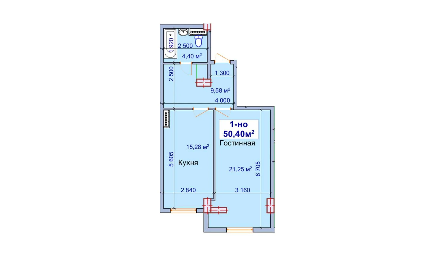 1-комнатная квартира 50.4 м²  9/9 этаж