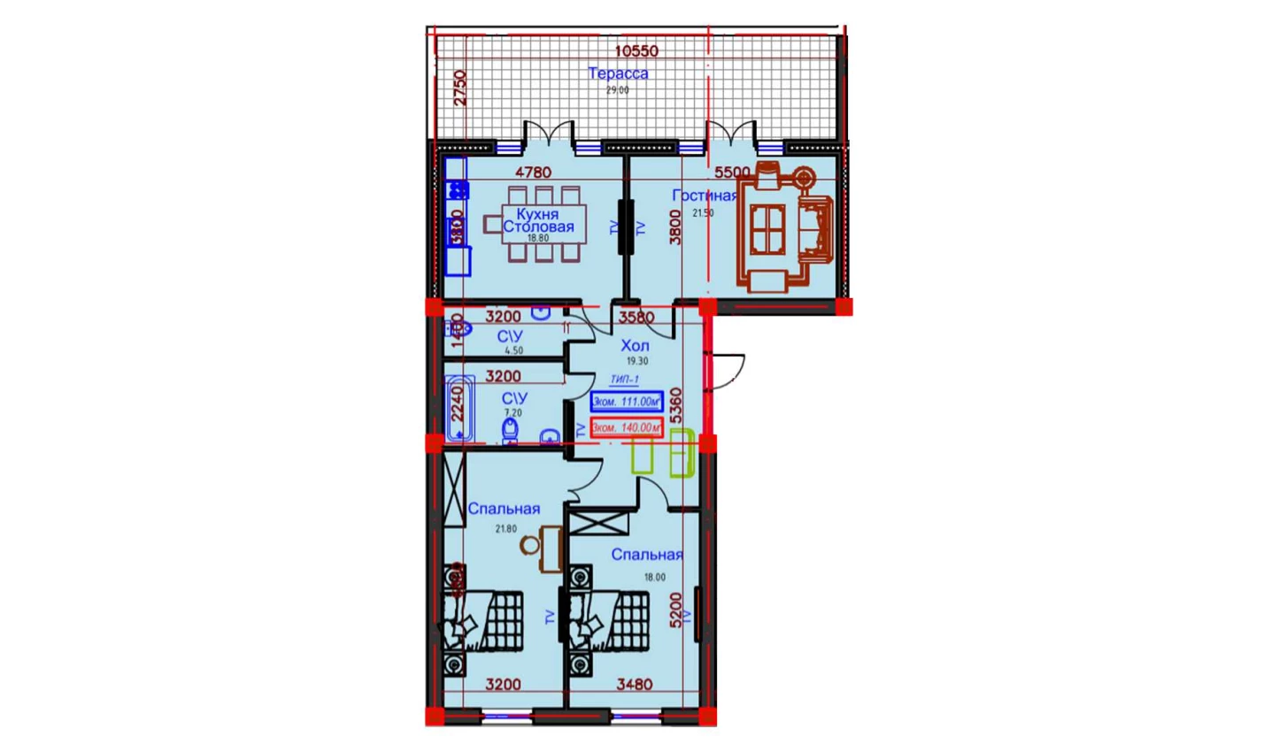 6-xonali xonadon 120.5 m²  9/9 qavat