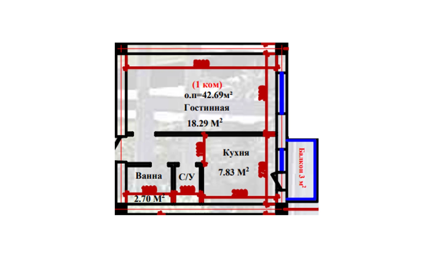 1-xonali xonadon 42.69 m²  2-9/2-9 qavat