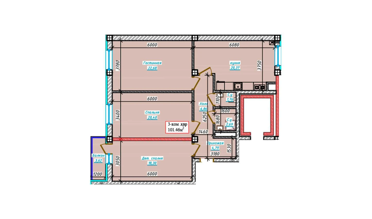 3-комн. квартира 101.46 м²  8/9 этаж | Жилой комплекс Aero Town