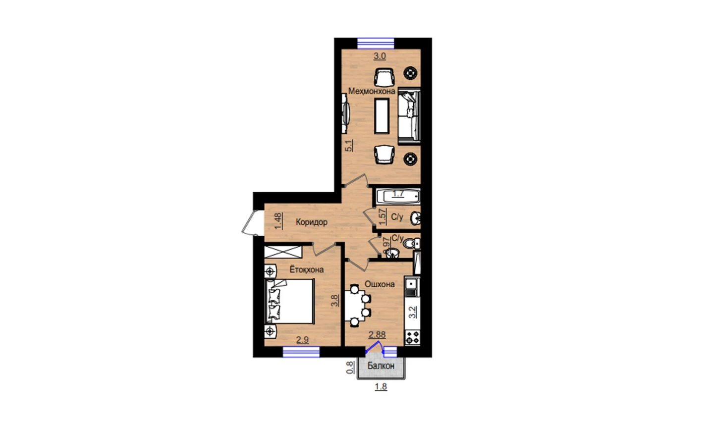 2-комнатная квартира 57.26 м²  5/5 этаж