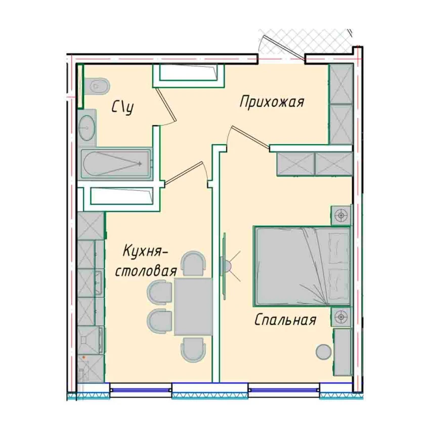 1-комнатная квартира 35.73 м²  1/1 этаж