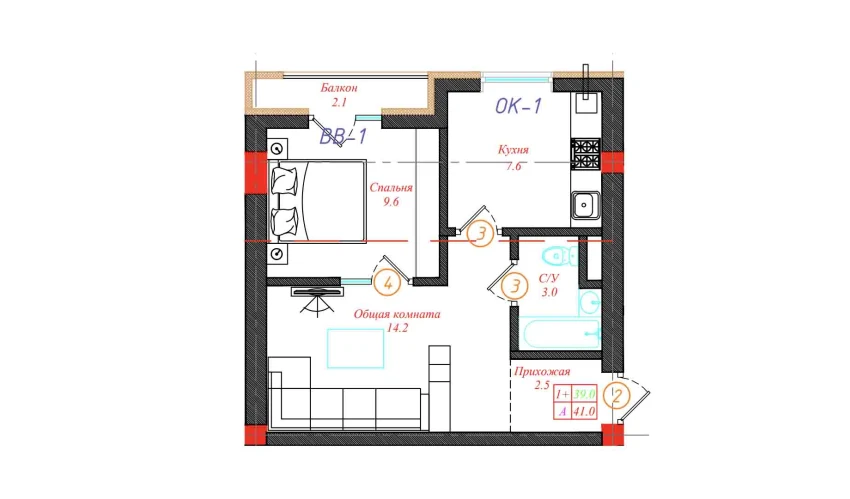 1-комнатная квартира 41 м²  5/12 этаж | Жилой комплекс CHINARA PARK