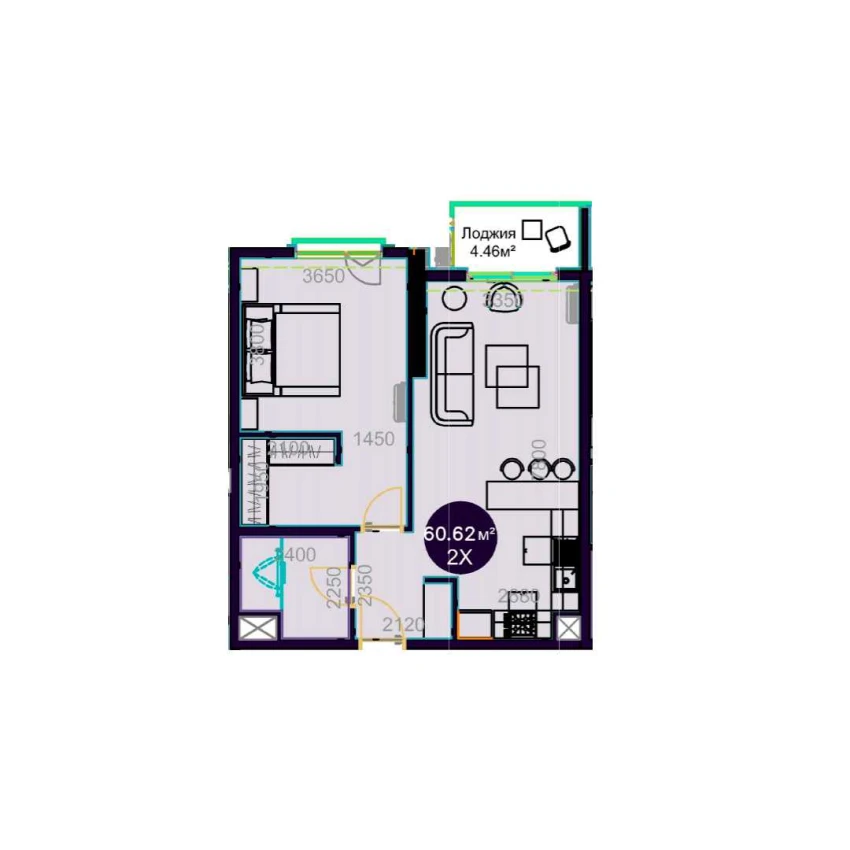 2-комнатная квартира 60.62 м²  3/3 этаж