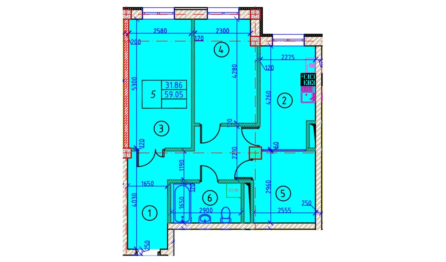 2-комнатная квартира 59.05 м²  2/2 этаж