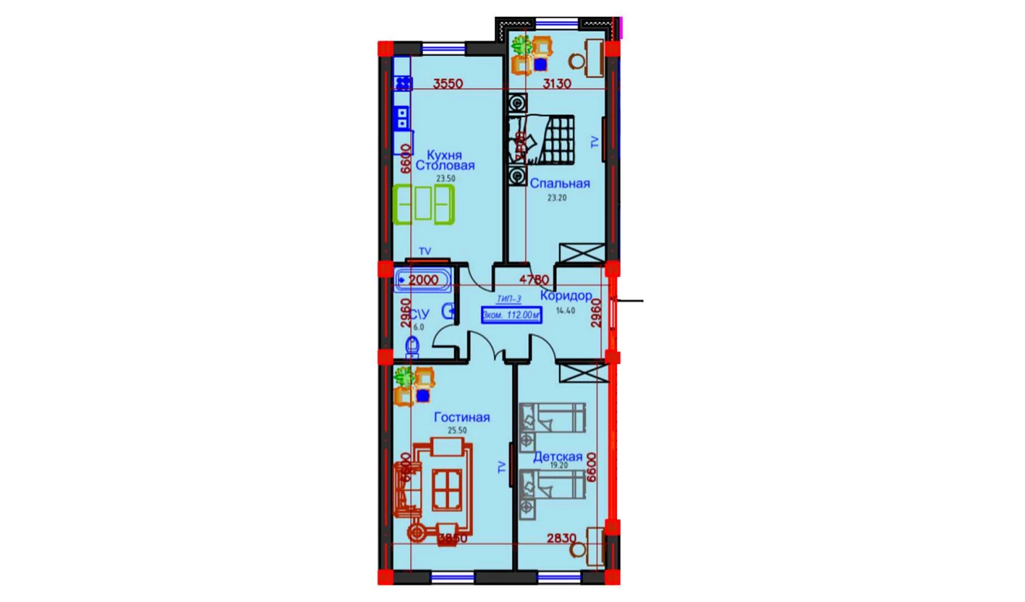 3-комнатная квартира 97 м²  7/7 этаж