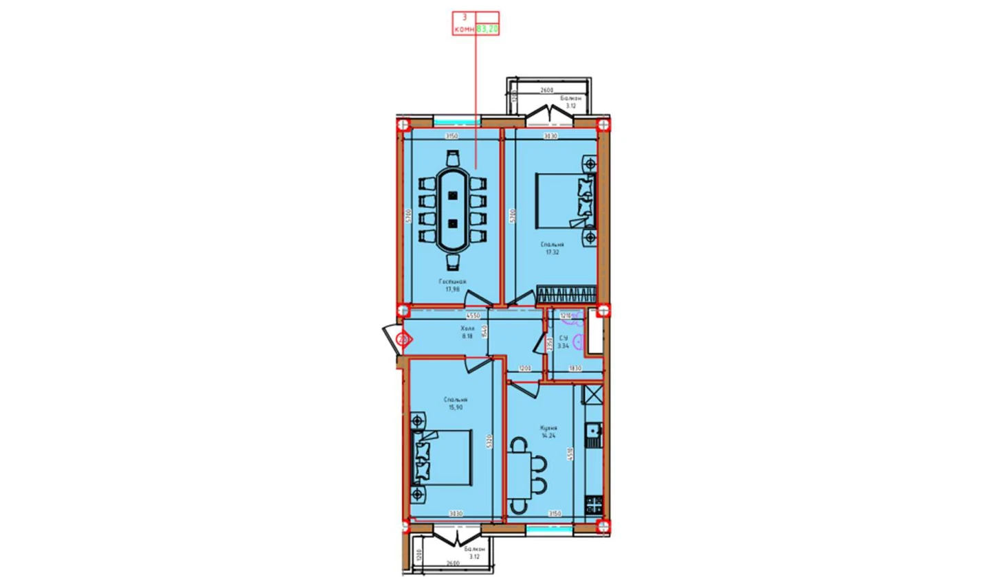 3-комнатная квартира 76.96 м²  7/7 этаж