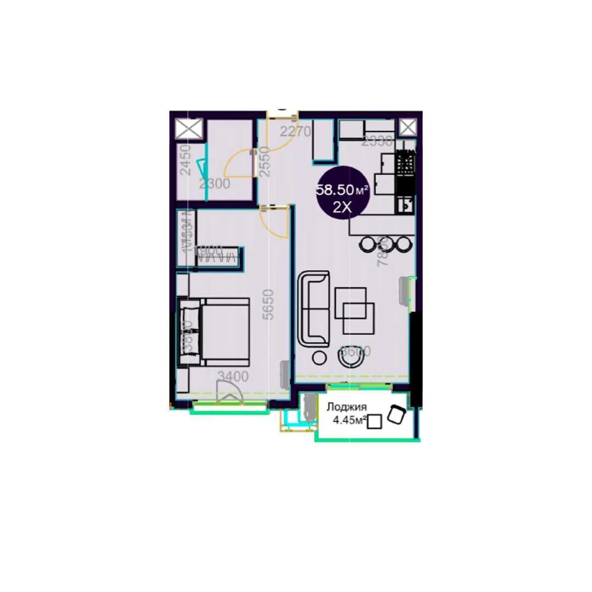 2-комнатная квартира 58.5 м²  21/21 этаж