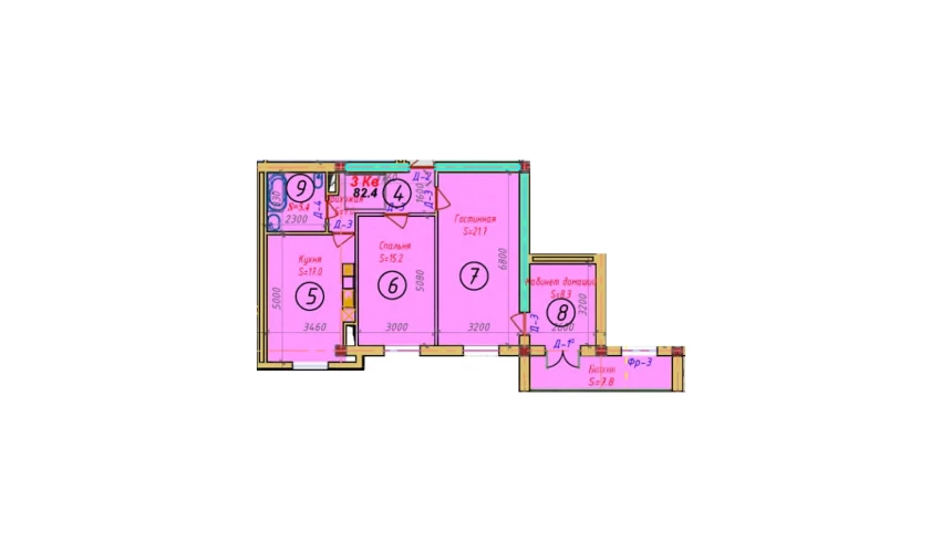 3-xonali xonadon 59.4 m²  9/9 qavat