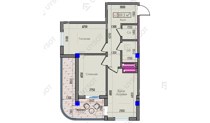 2-xonali xonadon 69.3 m²  2/16 qavat | Park Avenue Turar-joy majmuasi