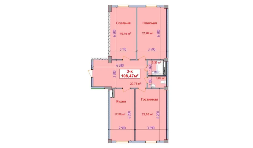 3-комнатная квартира 108.47 м²  1/9 этаж | Жилой комплекс SHAYX-UL OLAM