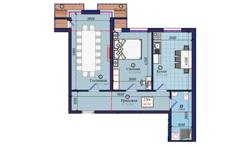 2-комнатная квартира 64.5 м²  9/10 этаж | Жилой комплекс NURAFSHON