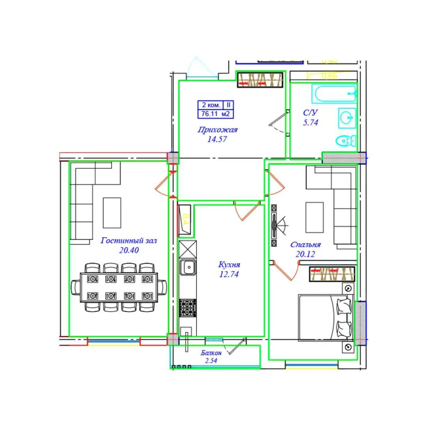 3-комнатная квартира 76.11 м²  6/6 этаж