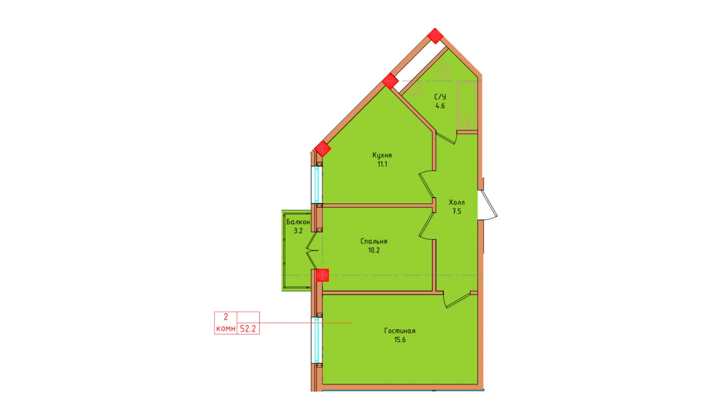 2-комнатная квартира 50.07 м²  2/2 этаж