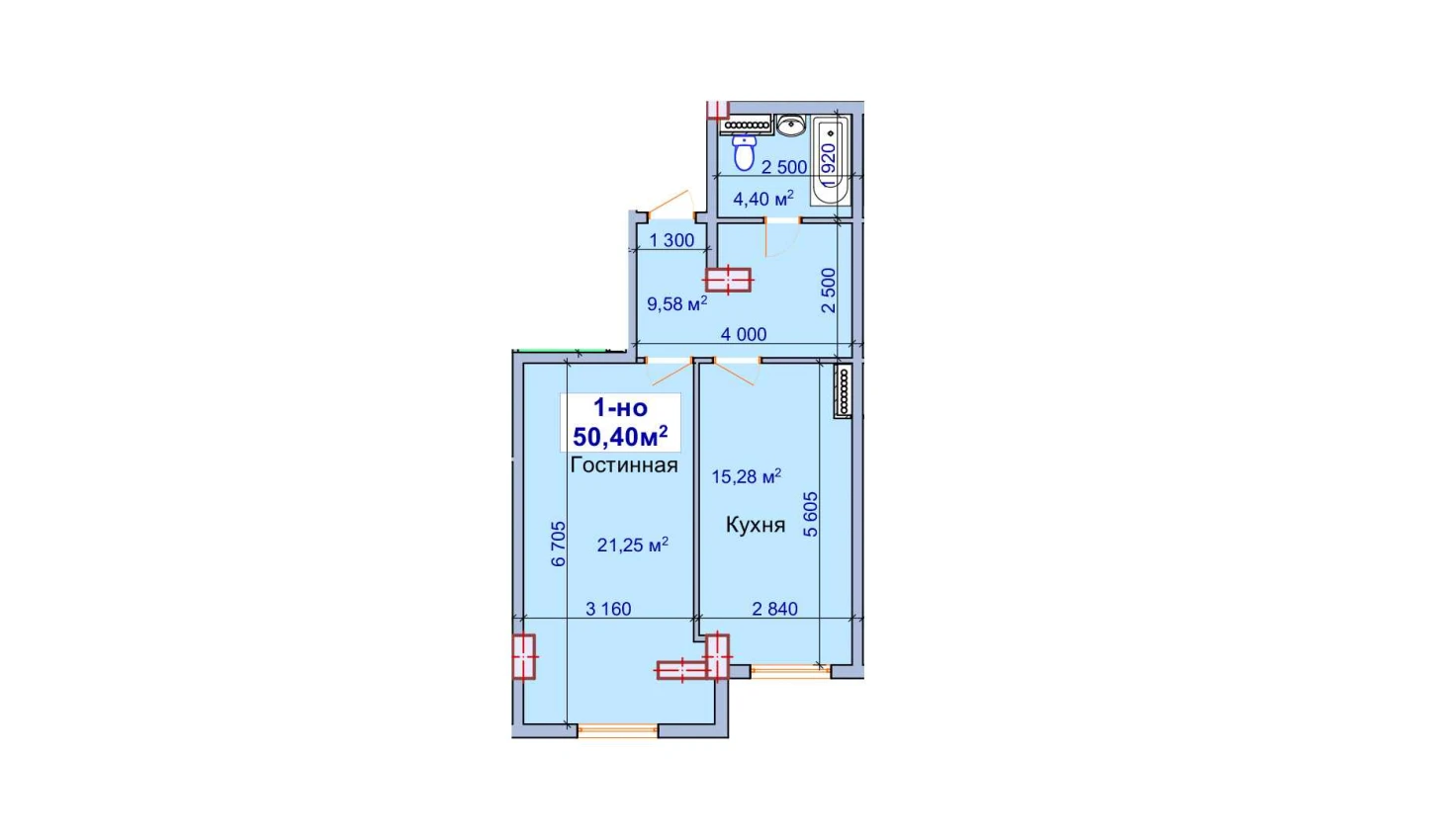 1-комнатная квартира 50.4 м²  5/5 этаж