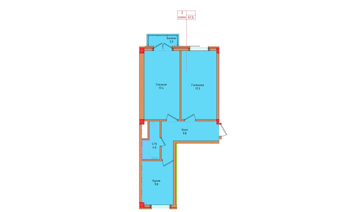 2-xonali xonadon 59.4 m²  4/4 qavat