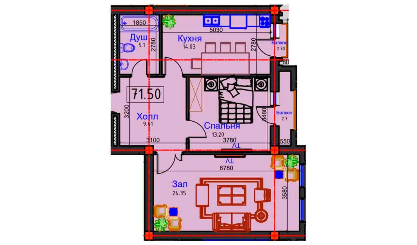 2-комнатная квартира 71.5 м²  6/6 этаж