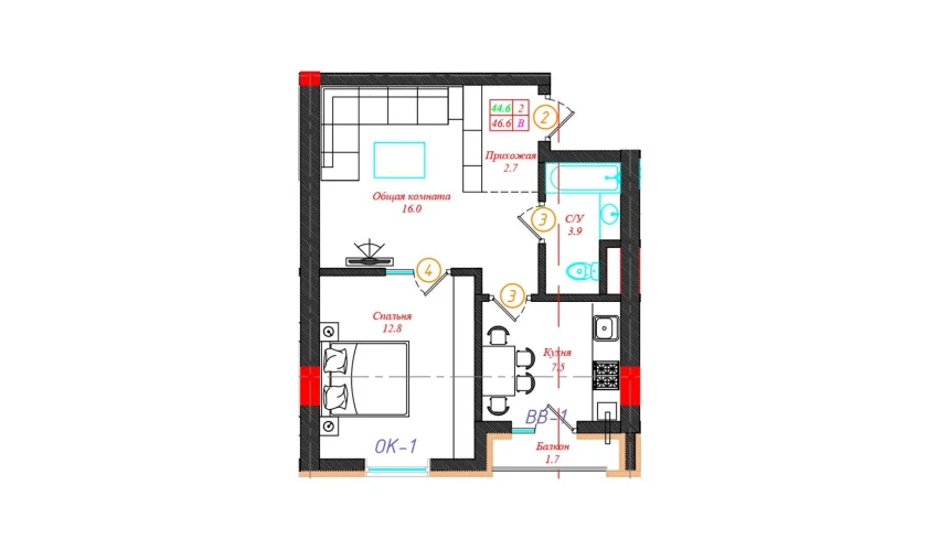 2-xonali xonadon 46.6 m²  4/12 qavat | CHINARA PARK Turar-joy majmuasi