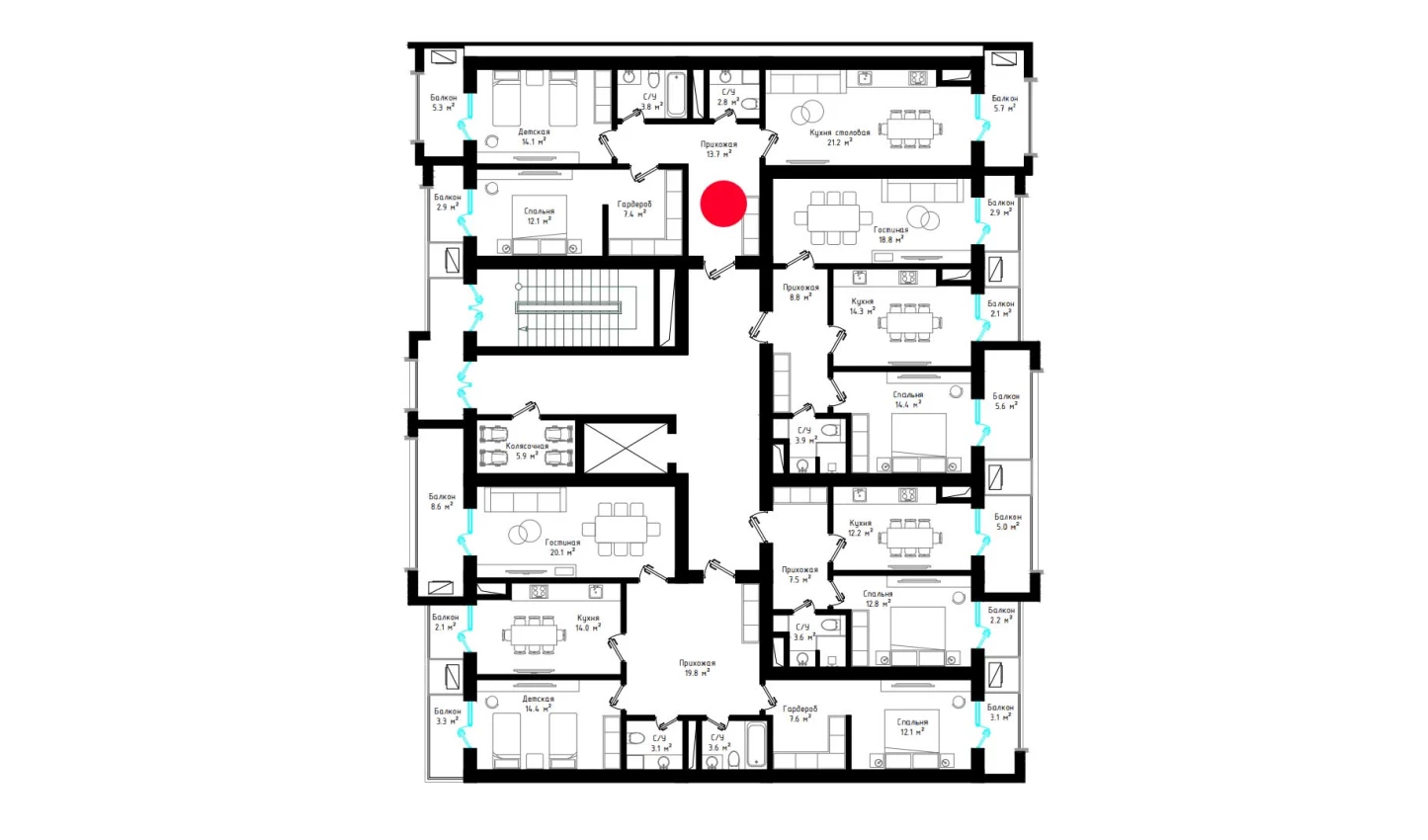 2-xonali xonadon 89 m²  8/8 qavat