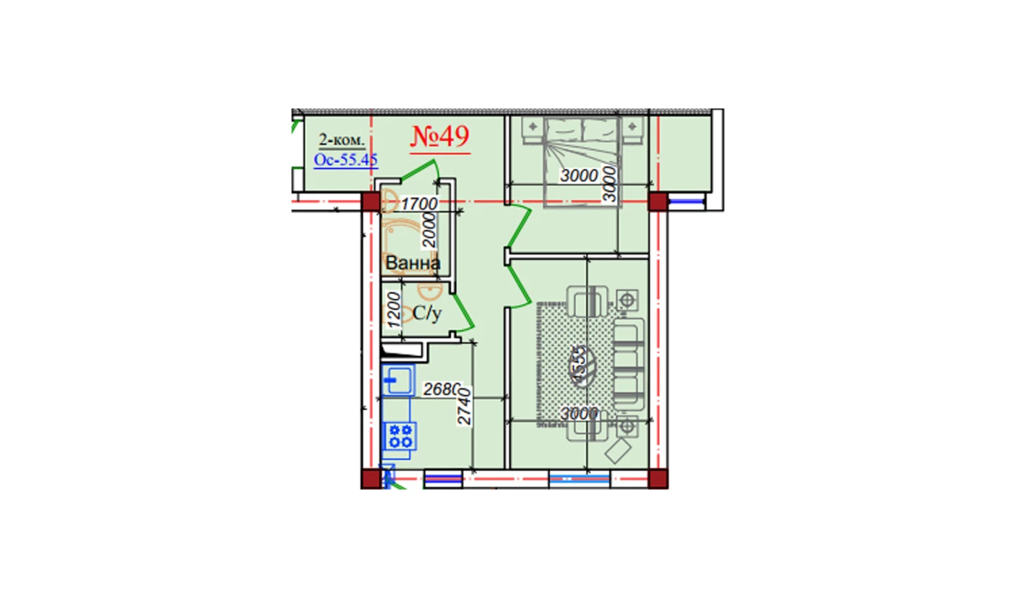 2-комнатная квартира 55.45 м²  9/9 этаж