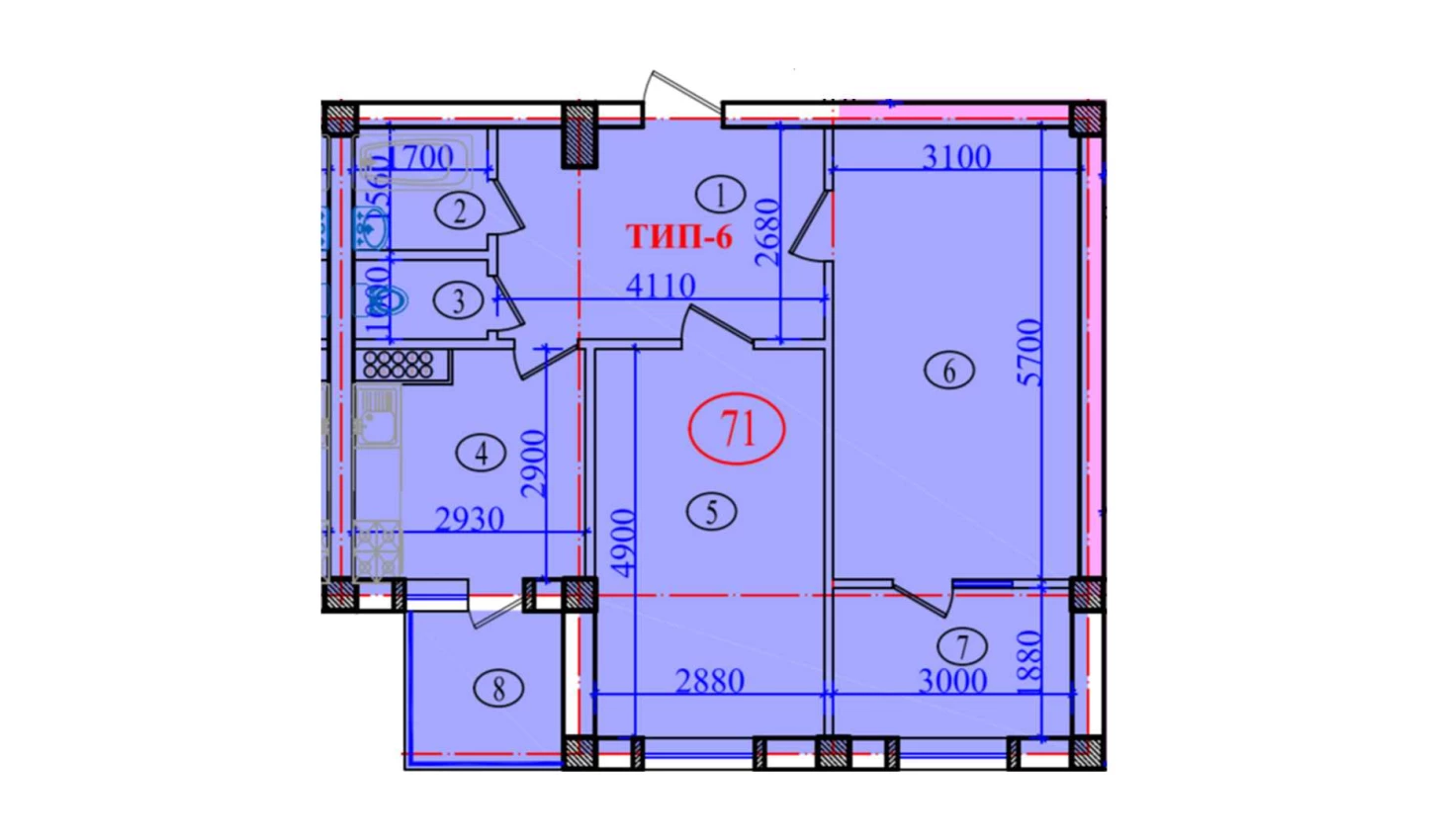 2-xonali xonadon 73.2 m²  6/6 qavat