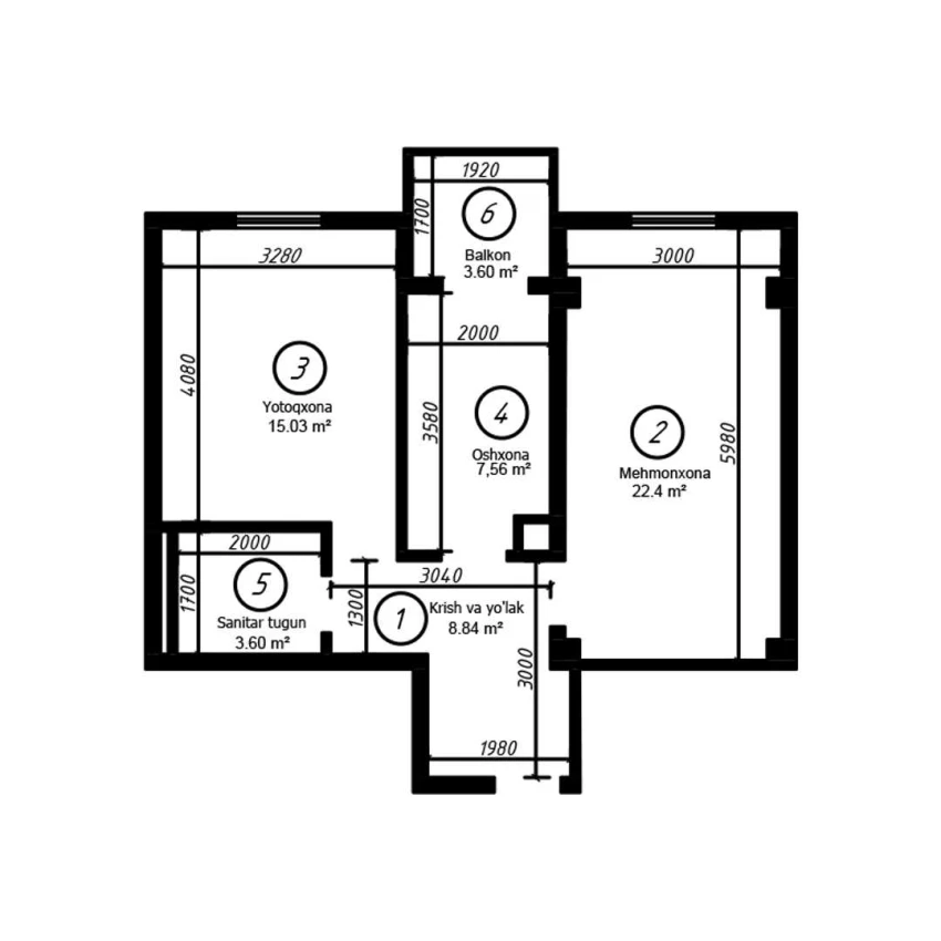 2-xonali xonadon 57 m²  5/8 qavat | YASHIL VODIY RESIDENCE Turar-joy majmuasi