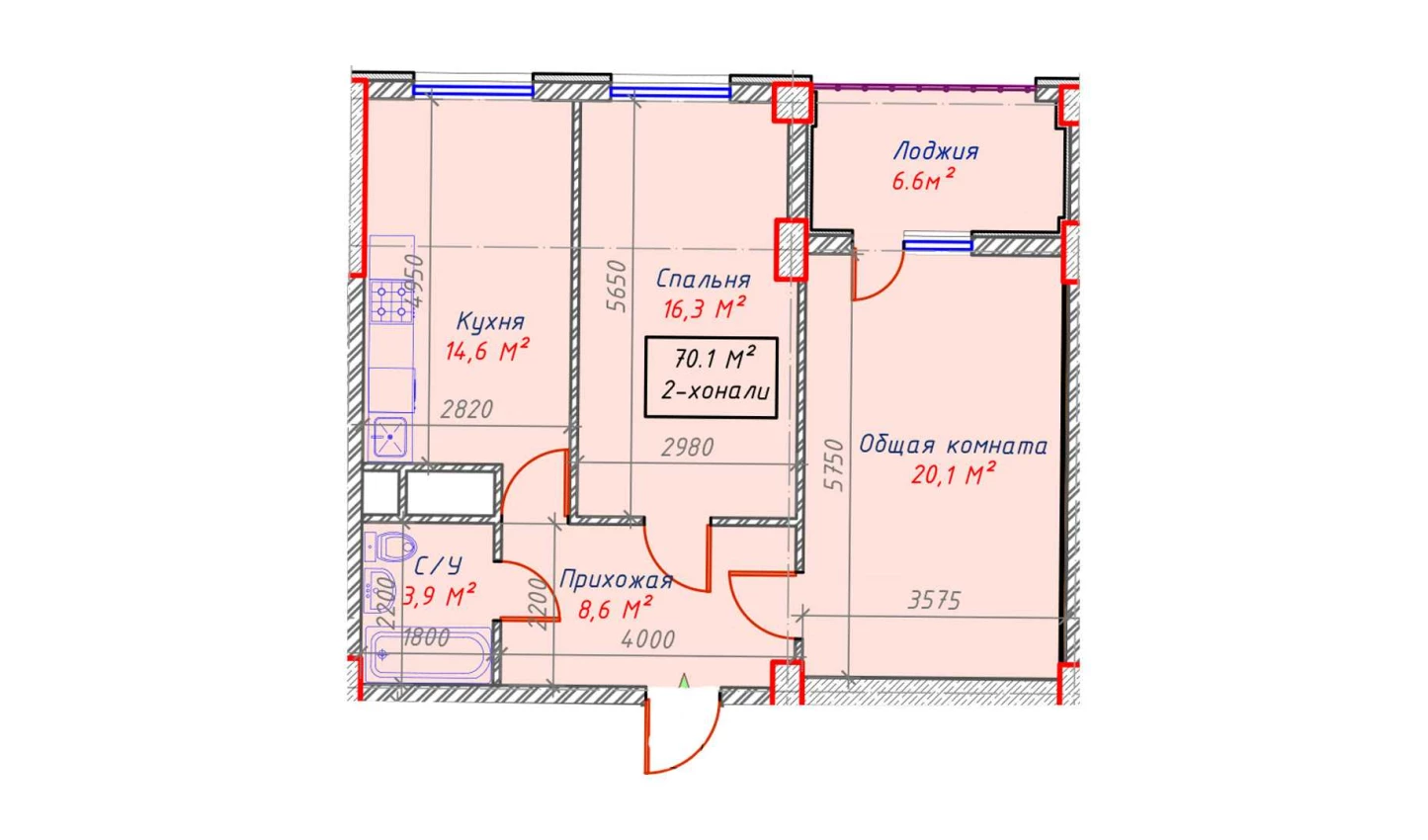 2-xonali xonadon 70.1 m²  12/12 qavat