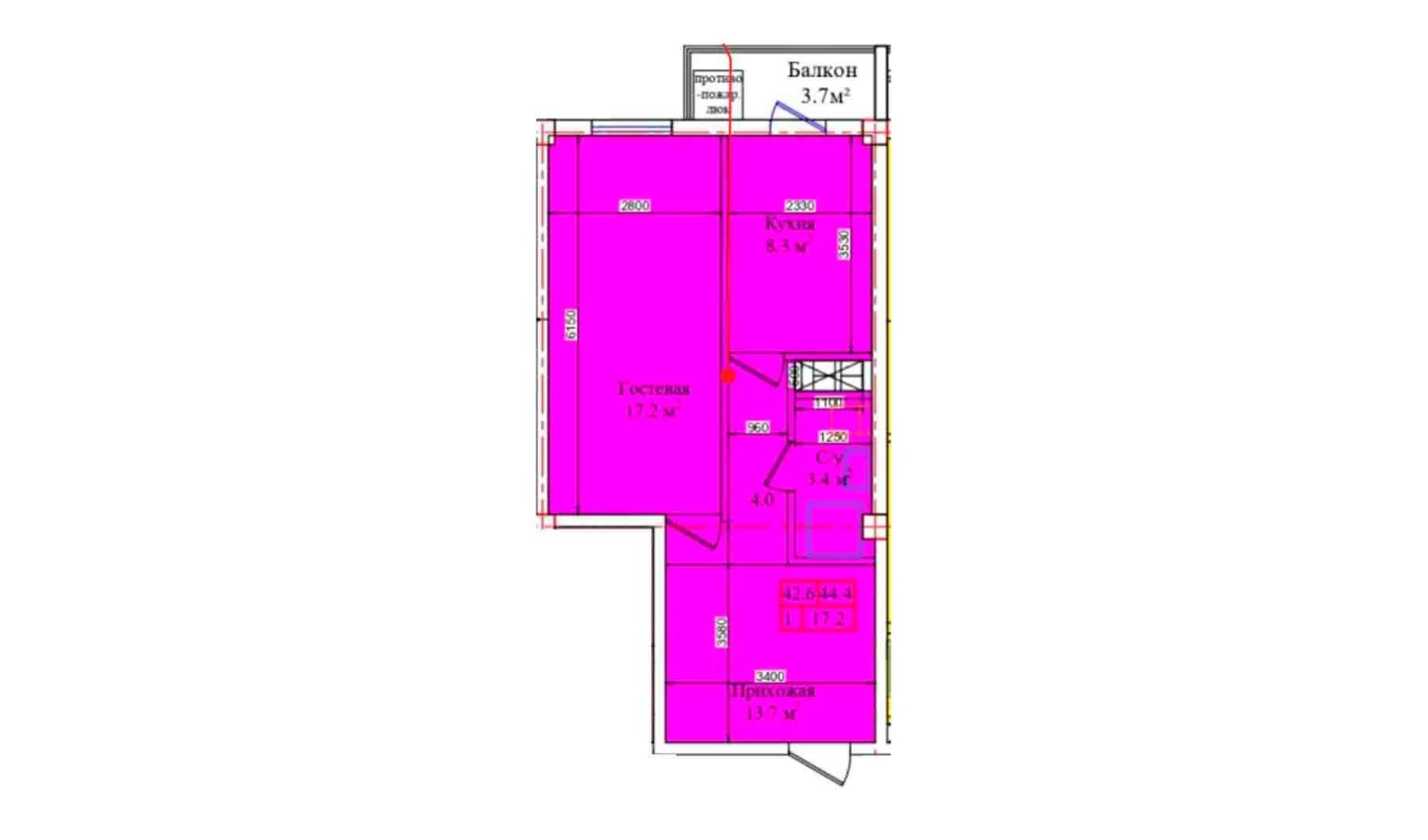 1-комнатная квартира 44.4 м²  9/9 этаж