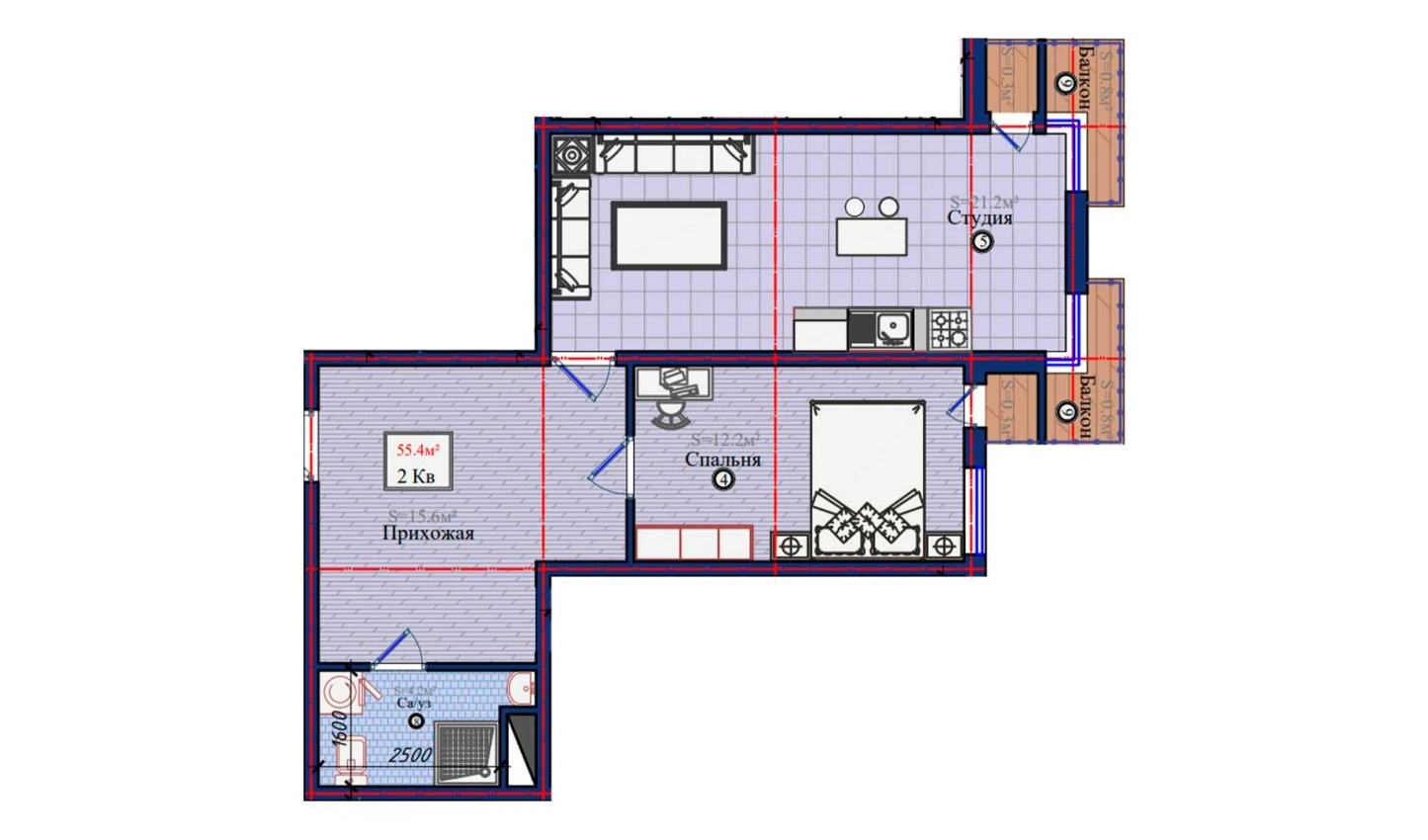 2-комнатная квартира 55.4 м²  3/3 этаж