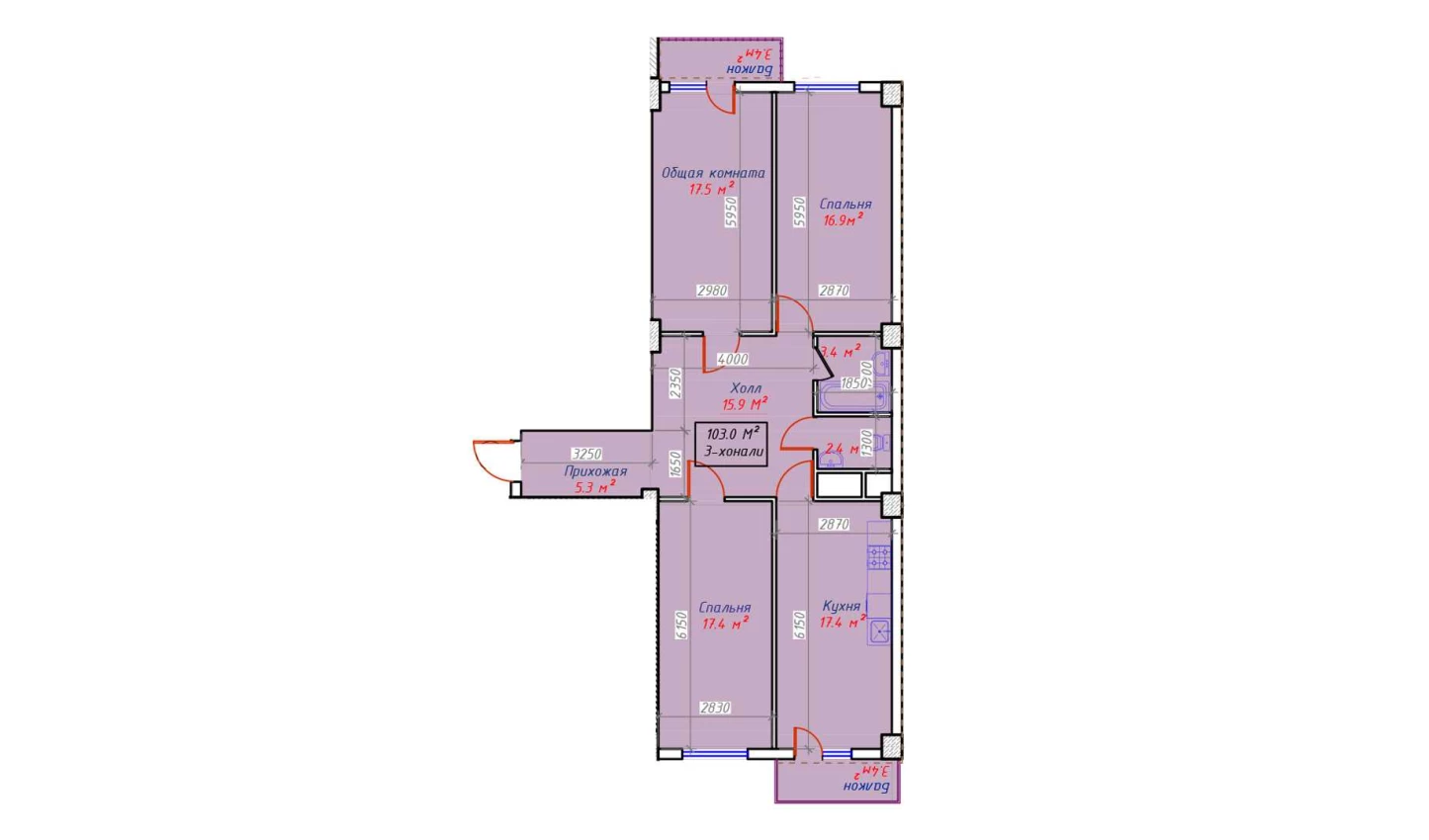 3-комнатная квартира 103 м²  3/16 этаж