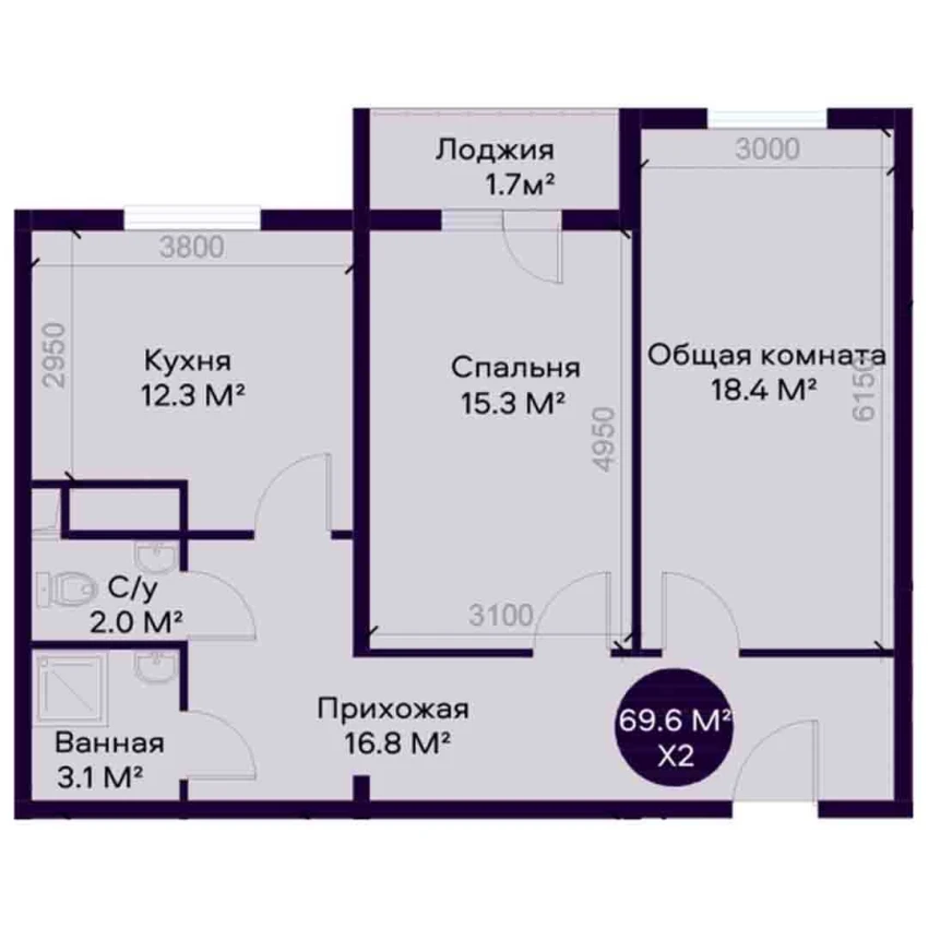 2-комнатная квартира 69.6 м²  7/7 этаж