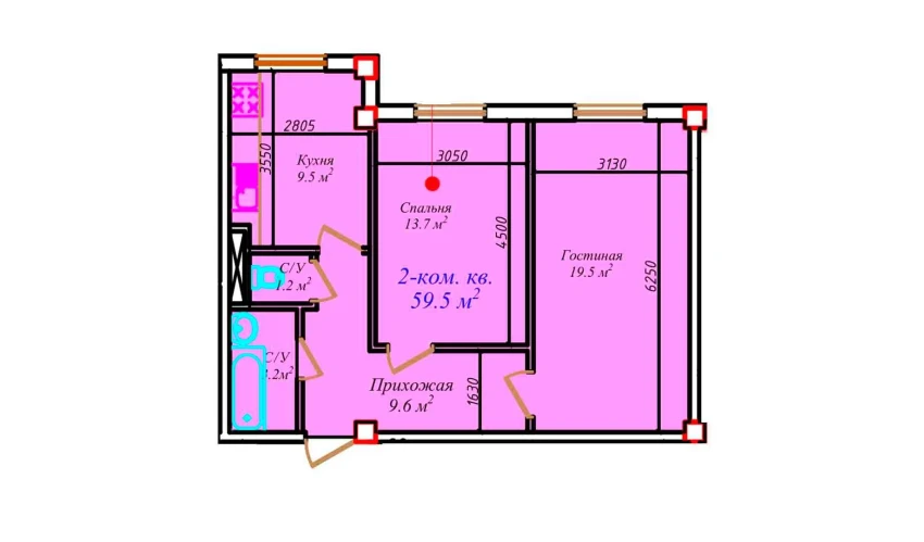 2-комнатная квартира 59.5 м²  1/1 этаж