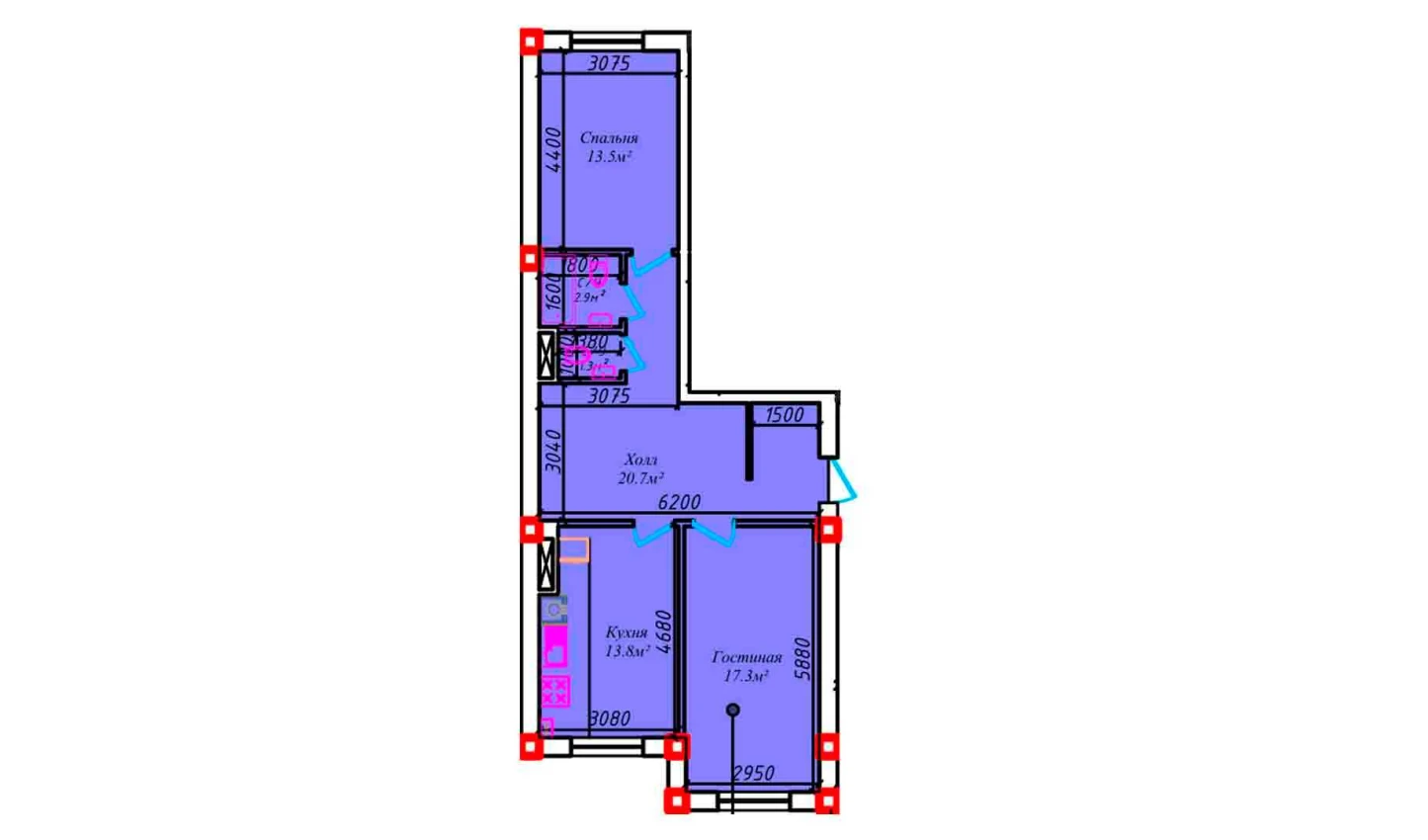 2-комнатная квартира 74.1 м²  1/1 этаж