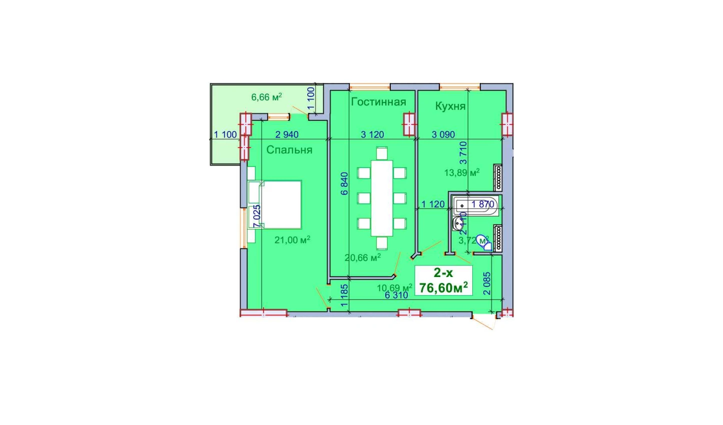 2-комнатная квартира 76.6 м²  2/2 этаж