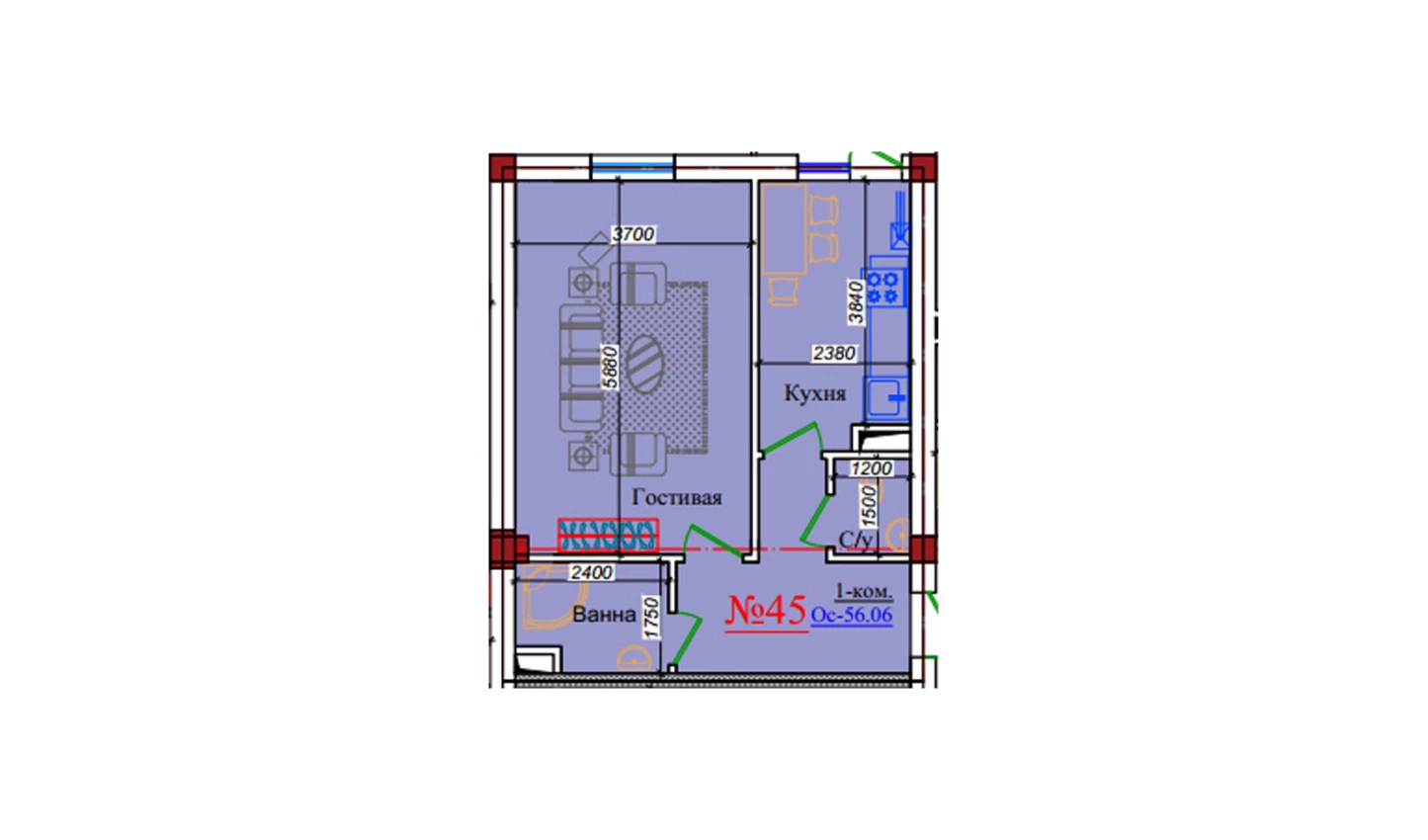 1-комнатная квартира 56.06 м²  9/9 этаж