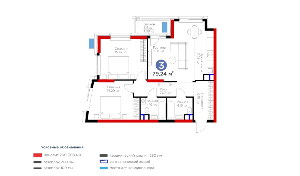 3-комнатная квартира 79.24 м²  5/5 этаж