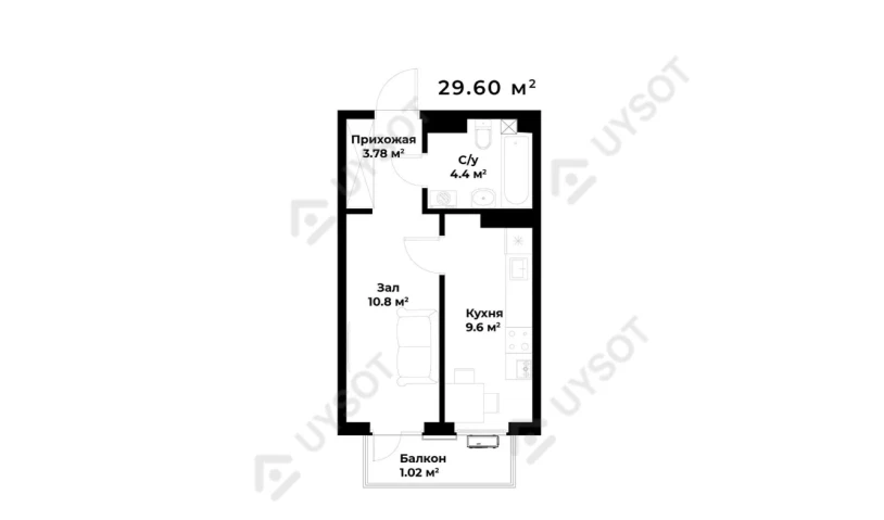 1-комнатная квартира 29.6 м²  2/2 этаж